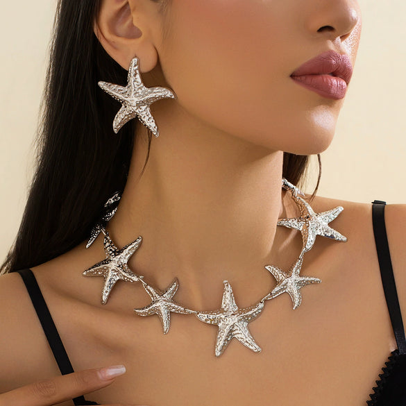 Jewelry Metal Starfish And Fivepointed Star Pendant Necklace Handmade Electroplating Geometric Style For Women