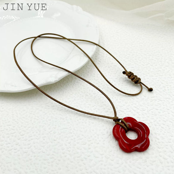 Jewelry Minimalist Dark Red Acrylic Flower Pendant Necklace Electroplated Stainless Steel