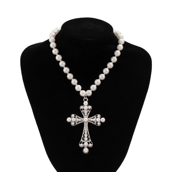 Jewelry Multi Layer Imitation Pearl And Alloy Cross Clavicle Chain With Geometric Design And Electroplating Treatment