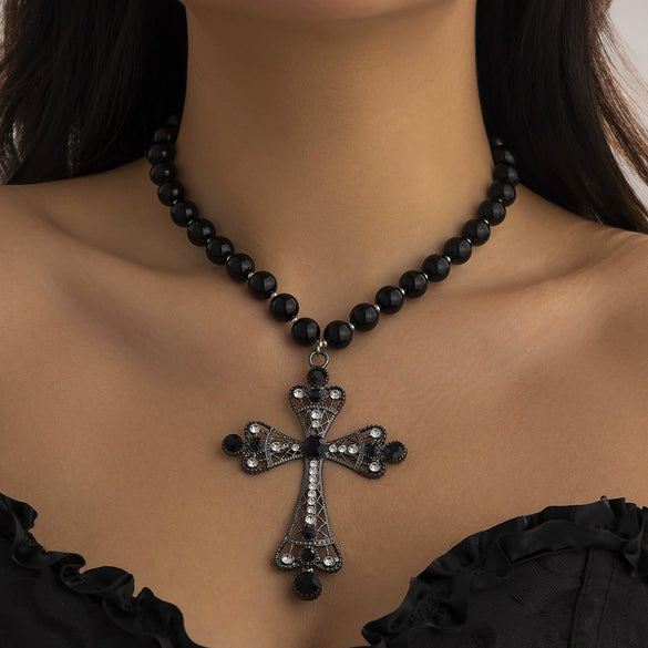 Jewelry Multi Layer Imitation Pearl And Alloy Cross Clavicle Chain With Geometric Design And Electroplating Treatment