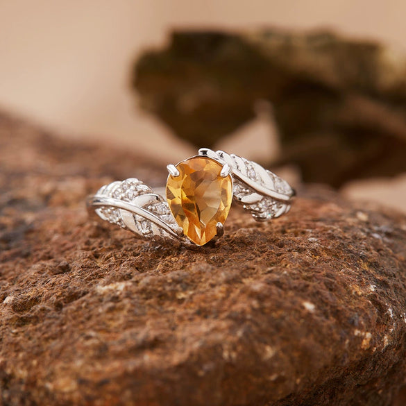 Jewelry Natural Citrine Ring S925 Sterling Silver Inlaid With Topaz Garnet Amethyst Open Leaf Shape Little Fresh Style Set With Crystal For Women