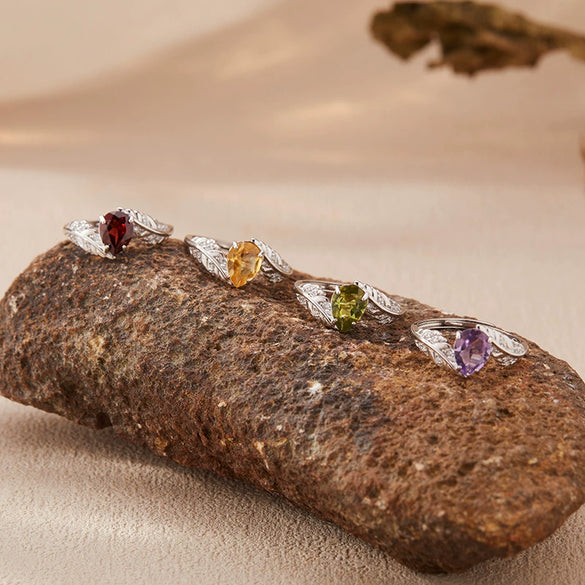 Jewelry Natural Citrine Ring S925 Sterling Silver Inlaid With Topaz Garnet Amethyst Open Leaf Shape Little Fresh Style Set With Crystal For Women