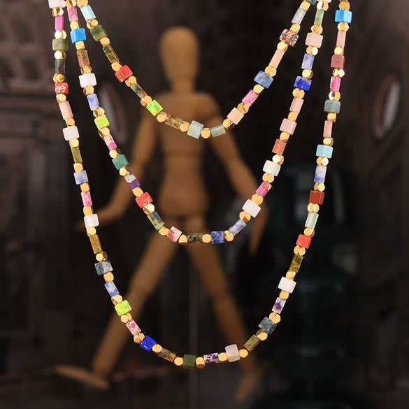 Jewelry Natural Colored Stone Beaded Bohemian Style Handmade Titanium Steel Necklace With Agate Pendant Geometric Design