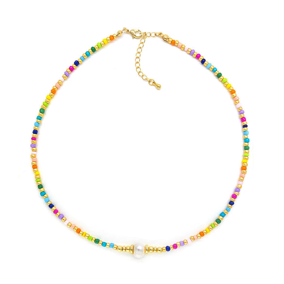 Jewelry Natural Freshwater Pearl And Organic Glass Beaded Handwoven Geometric Style Necklace For Women