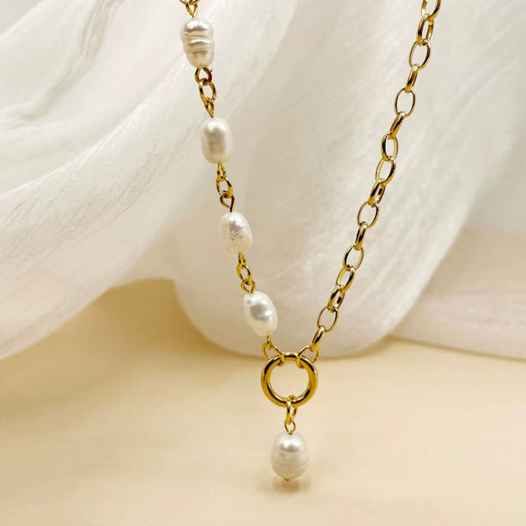 Jewelry Natural Freshwater Pearl Pendant O Shaped Necklace Stainless Steel Electroplated For Women