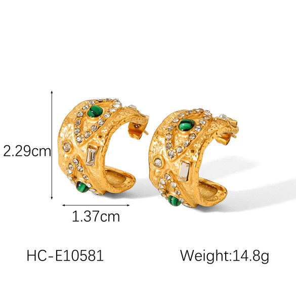 Jewelry Natural Malachite Stainless Steel Retro Palace Style Hammered Electroplated
