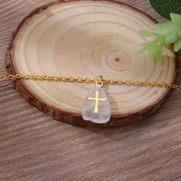 Jewelry Natural Stone Cross Stainless Steel O Shaped Chain Micropaved Necklace