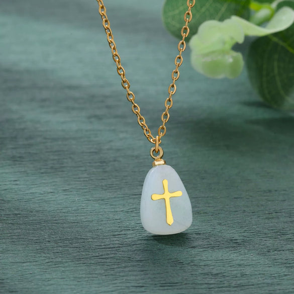 Jewelry Natural Stone Cross Stainless Steel O Shaped Chain Micropaved Necklace