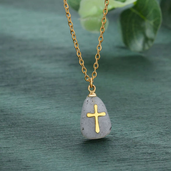 Jewelry Natural Stone Cross Stainless Steel O Shaped Chain Micropaved Necklace