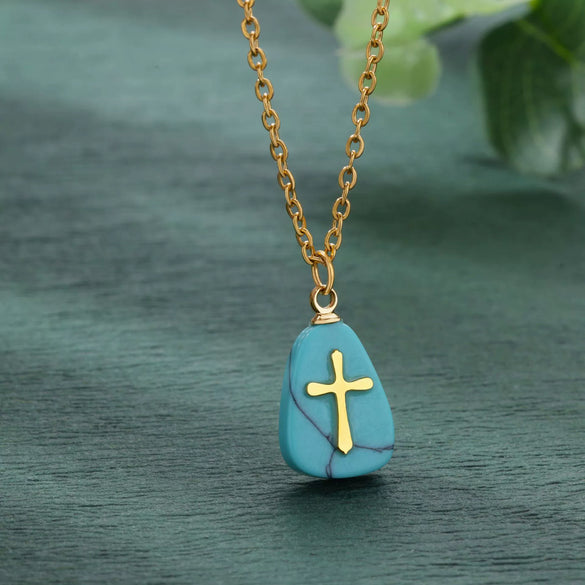 Jewelry Natural Stone Cross Stainless Steel O Shaped Chain Micropaved Necklace