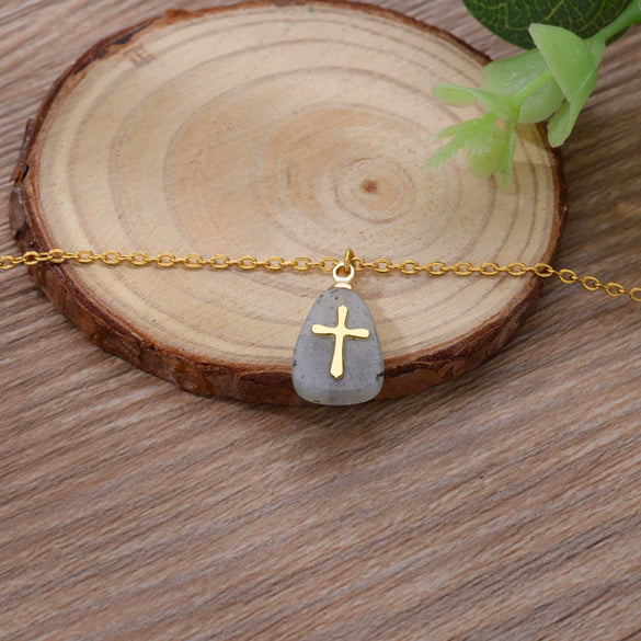 Jewelry Natural Stone Cross Stainless Steel O Shaped Chain Micropaved Necklace
