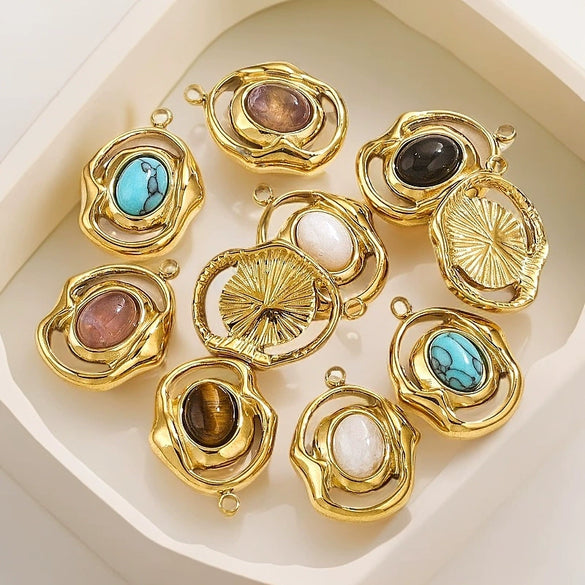 Jewelry Natural Stone Titanium Steel Geometric Eyes Pendant Earrings With Electroplating