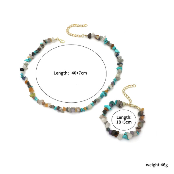 Jewelry Natural Stone Turquoise Alloy Beaded Necklace And Bracelet Handmade Geometric Electroplated For Women