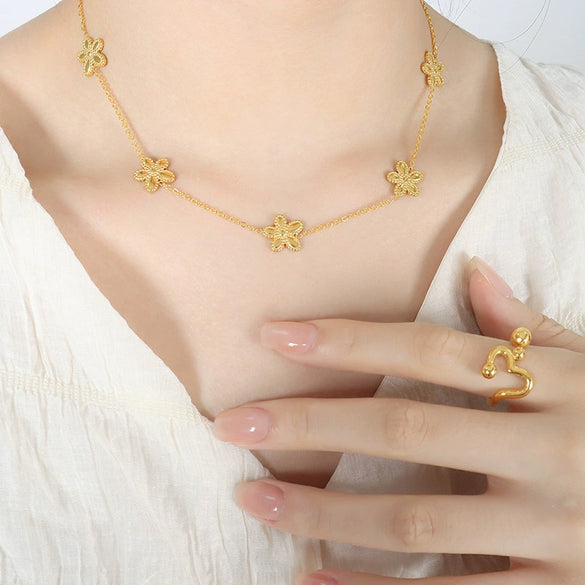 Jewelry Necklace Bracelet Set 316L Stainless Steel Gold Plated Daisy Flower Design For Women