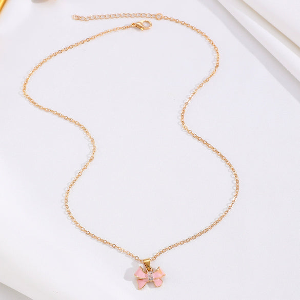 Jewelry Necklace Copper Pearlescent Pink Bow Dripping Oil Design For Women