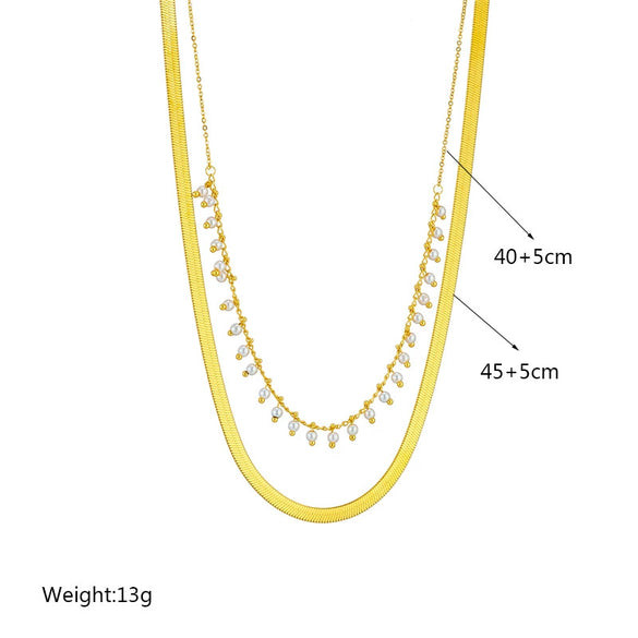 Jewelry Necklace Double Layer Stacked Chain Pearl Titanium Steel Electroplated Retro Style