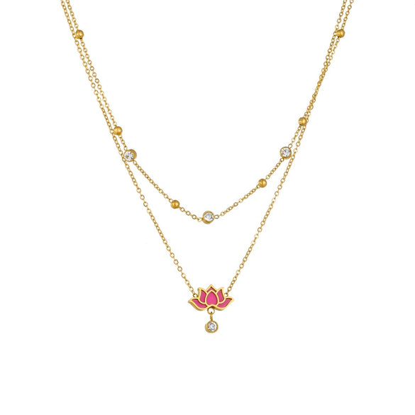 Jewelry Necklace Doublelayered Goldplated Diamondencrusted Stainless Steel Chain With Oil Lotus Design Electroplated