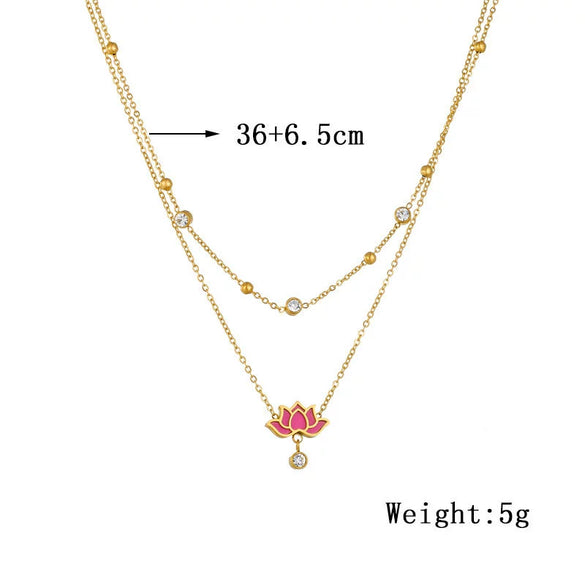 Jewelry Necklace Doublelayered Goldplated Diamondencrusted Stainless Steel Chain With Oil Lotus Design Electroplated