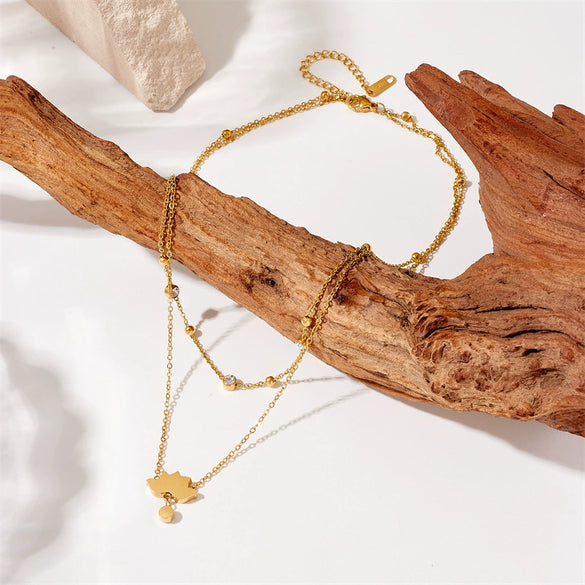 Jewelry Necklace Doublelayered Goldplated Diamondencrusted Stainless Steel Chain With Oil Lotus Design Electroplated