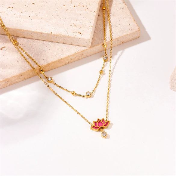 Jewelry Necklace Doublelayered Goldplated Diamondencrusted Stainless Steel Chain With Oil Lotus Design Electroplated