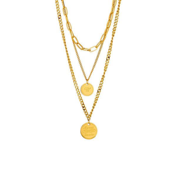 Jewelry Necklace Metal Titanium Steel Geometric Round Plate Lettering Multilayer Retro Stacked Electroplating