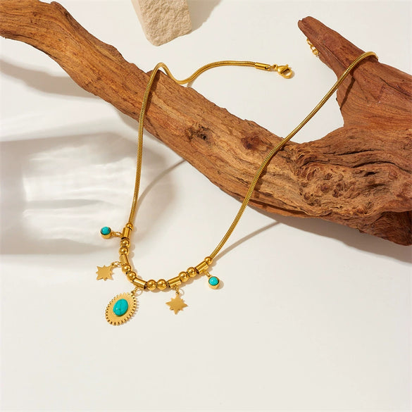 Jewelry Necklace Oval Turquoise Star Pendant Titanium Steel Chain Electroplated