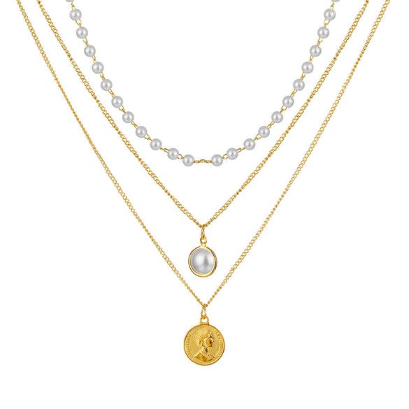 Jewelry Necklace Pearl Multi Layer Round Bead Head Pendant Alloy Cable Chain Geometric Electroplating