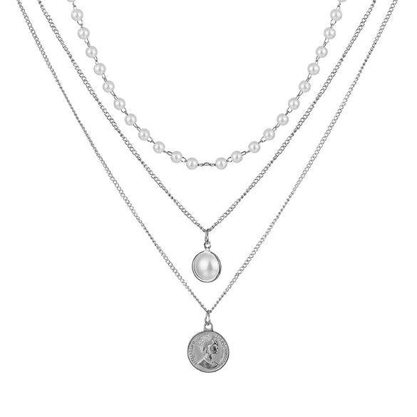 Jewelry Necklace Pearl Multi Layer Round Bead Head Pendant Alloy Cable Chain Geometric Electroplating