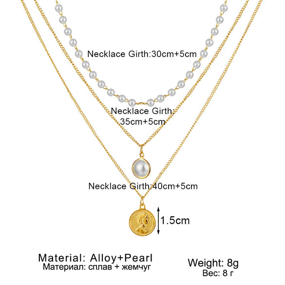 Jewelry Necklace Pearl Multi Layer Round Bead Head Pendant Alloy Cable Chain Geometric Electroplating