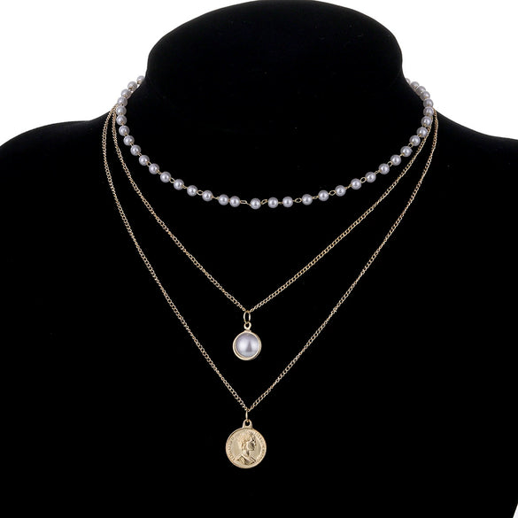 Jewelry Necklace Pearl Multi Layer Round Bead Head Pendant Alloy Cable Chain Geometric Electroplating