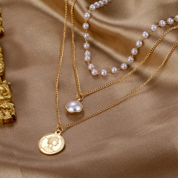 Jewelry Necklace Pearl Multi Layer Round Bead Head Pendant Alloy Cable Chain Geometric Electroplating