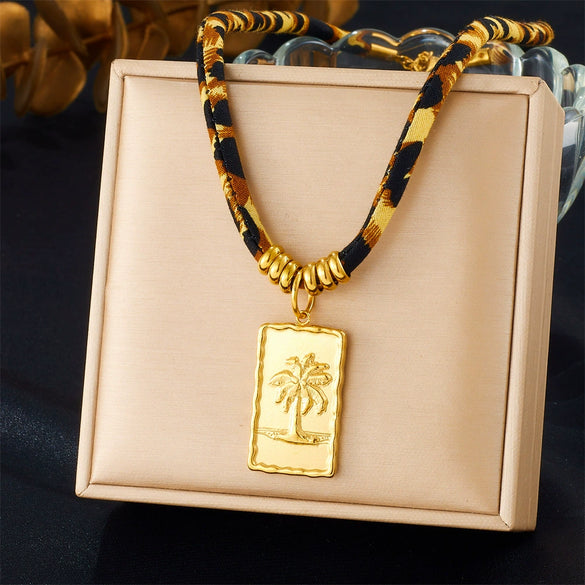 Jewelry Necklace Stainless Steel Cotton Rope Chain Metal Pendant Square Geometric Coconut Tree Pattern Electroplating