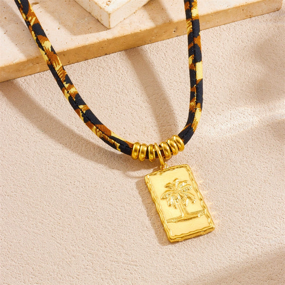 Jewelry Necklace Stainless Steel Cotton Rope Chain Metal Pendant Square Geometric Coconut Tree Pattern Electroplating