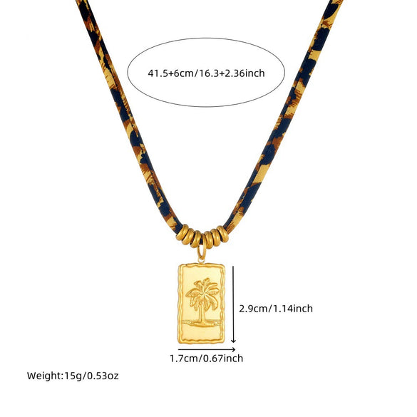 Jewelry Necklace Stainless Steel Cotton Rope Chain Metal Pendant Square Geometric Coconut Tree Pattern Electroplating