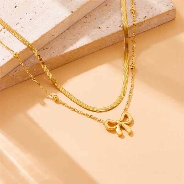 Jewelry Necklace Stainless Steel Goldplated Double Layer Stacked Bow Pendant Fashion Simple Design