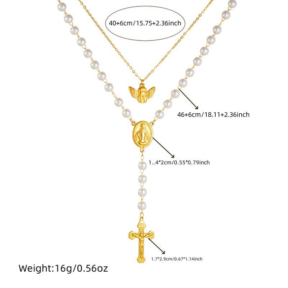Jewelry Necklace Stainless Steel Oval Retro Double Layer Stacked Angel Pearl Chain Tassel Cross Electroplated