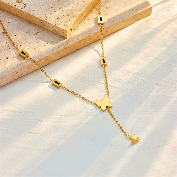 Jewelry Necklace Titanium Steel Black Glossy Butterfly Tassel Pendant Electroplating Women's Animal Style