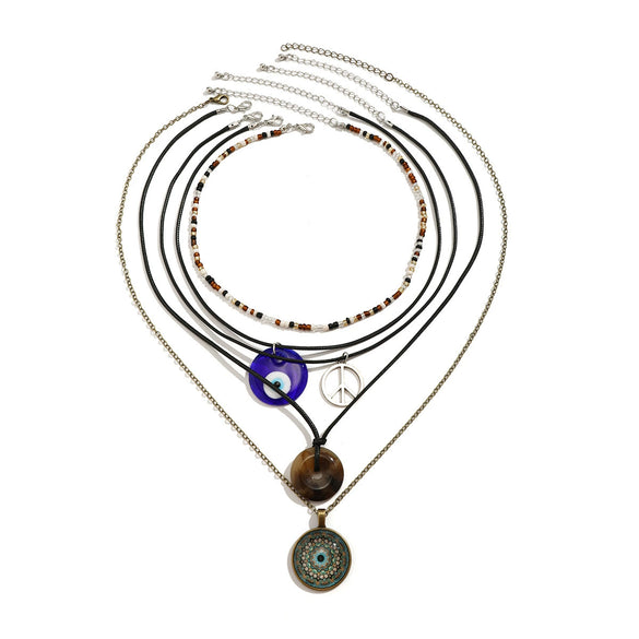 Jewelry Necklace Women Retro Geometric Pattern Acrylic Pendant Wax Thread Handmade