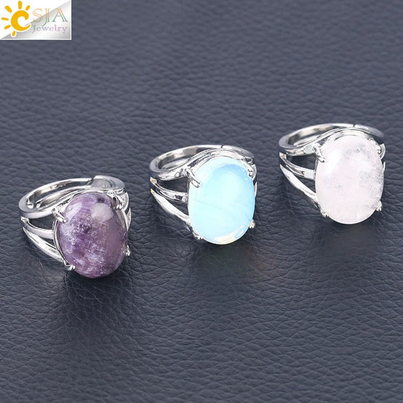 Jewelry Oval Natural Stone Crystal Alloy Women's Ring Four Claw Inlay Hollow Electroplated