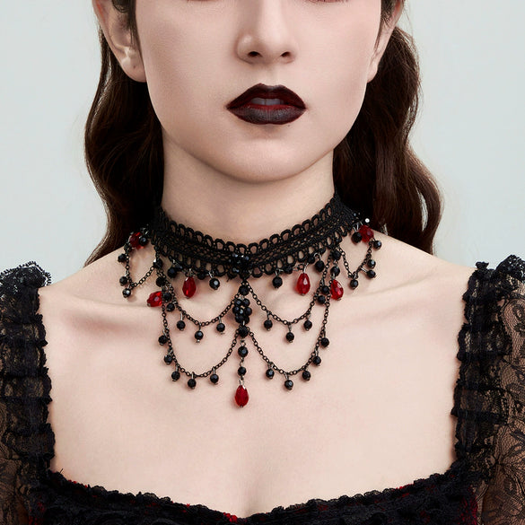 Jewelry Palace Style Black Lace Iron Chain Imitation Crystal Geometric Beaded Tassel Clavicle Necklace With Electroplating