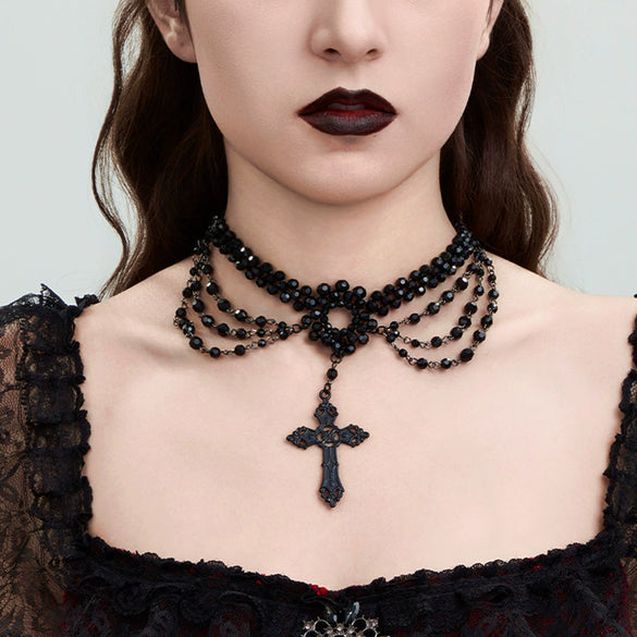 Jewelry Palace Style Black Lace Iron Chain Imitation Crystal Geometric Beaded Tassel Clavicle Necklace With Electroplating