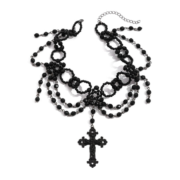 Jewelry Palace Style Black Lace Iron Chain Imitation Crystal Geometric Beaded Tassel Clavicle Necklace With Electroplating