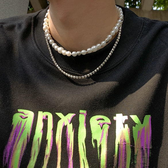 Jewelry Pearl Chain Necklace Geometric Stitching Trendy Double Layer Clavicle Chain For Men