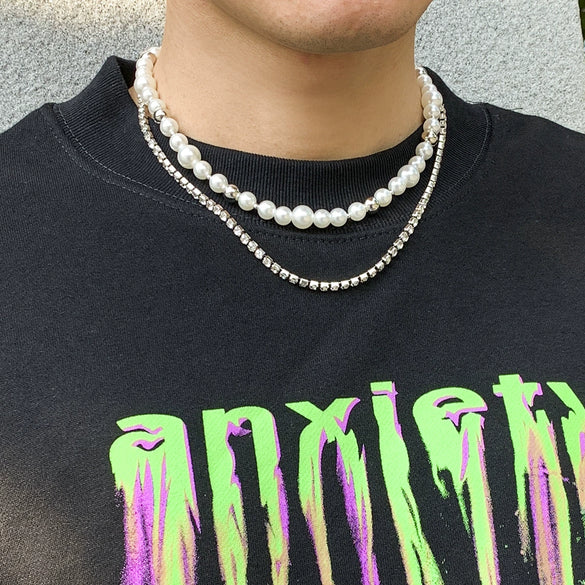 Jewelry Pearl Chain Necklace Geometric Stitching Trendy Double Layer Clavicle Chain For Men