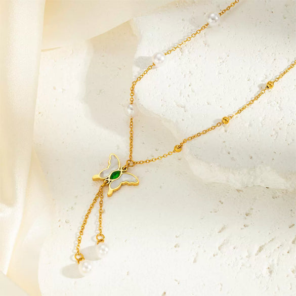 Jewelry Pearl Pendant Necklace Tassel Butterfly Green Embellishment Titanium Steel Electroplating Women's