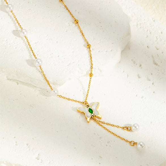 Jewelry Pearl Pendant Necklace Tassel Butterfly Green Embellishment Titanium Steel Electroplating Women's