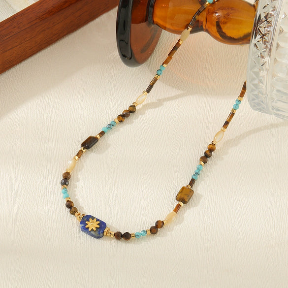 Jewelry Pendant Necklace Stainless Steel Tiger Eye Stone Shell Copper Blue Geometric Pattern Handmade