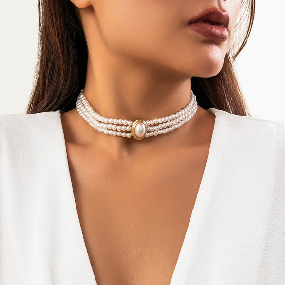 Jewelry Plastic Resin Geometric Multi Layer Imitation Pearl Ball Chain Necklace For Women