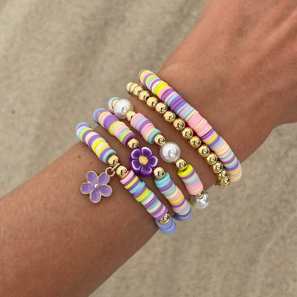 Jewelry Polymer Clay Alloy Imitation Pearl Bracelet Set With Letter Shape And Electroplating Process In Vacation Style