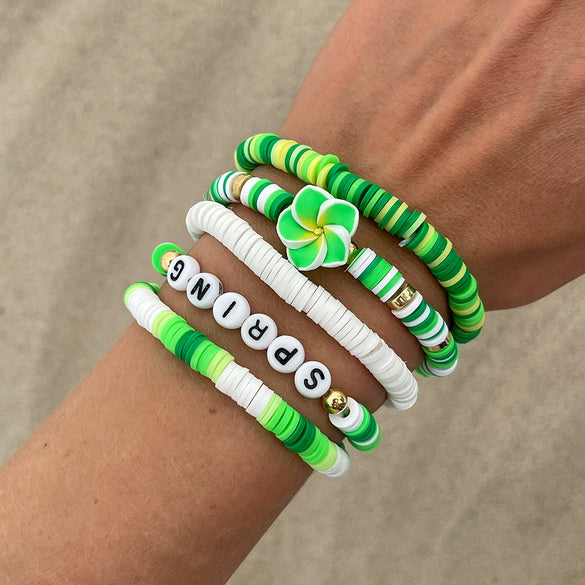Jewelry Polymer Clay Alloy Imitation Pearl Bracelet Set With Letter Shape And Electroplating Process In Vacation Style